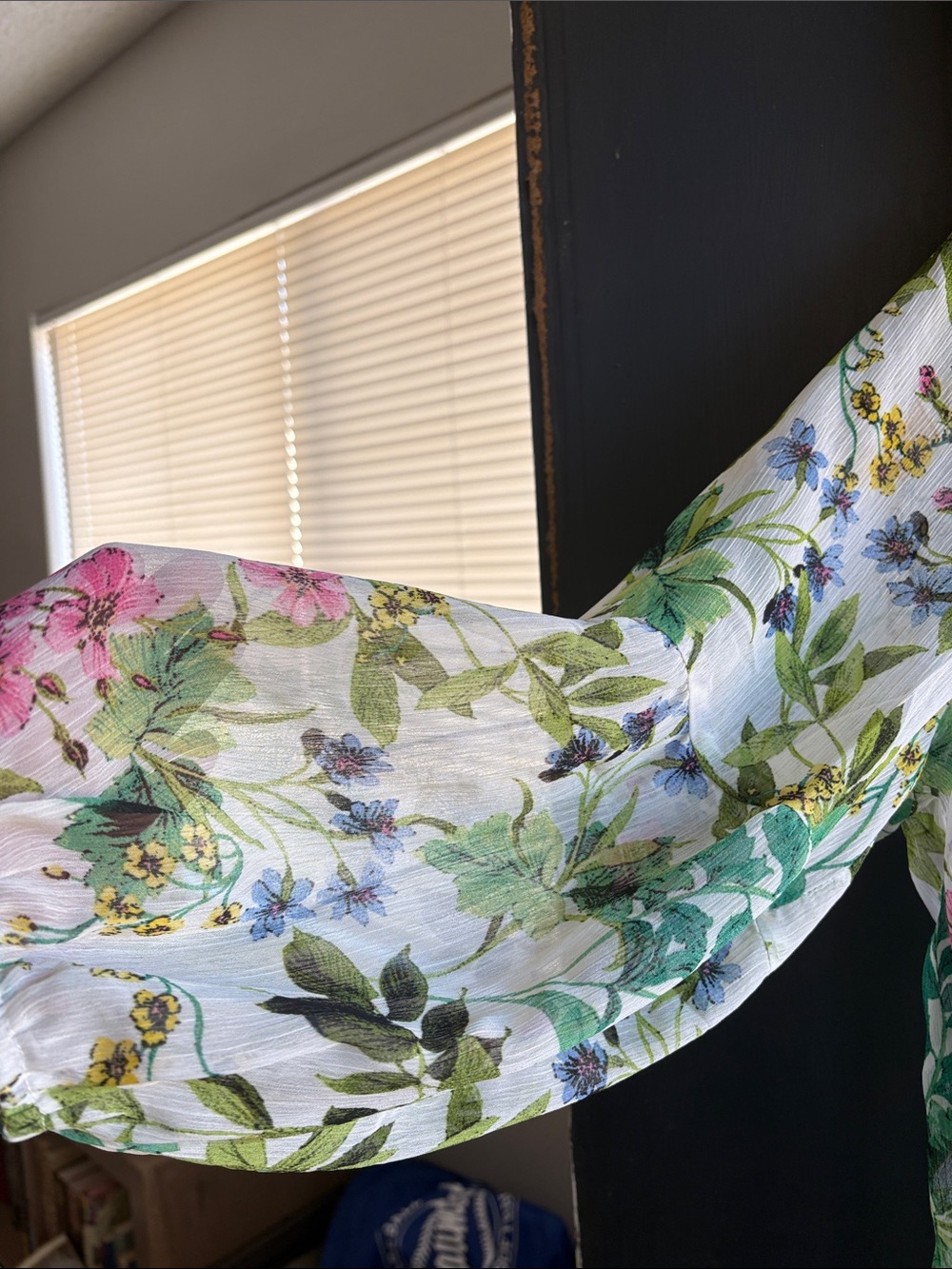 Chenault White Floral Lace-Trim V-Neck Tunic with Pink, Green & Yellow Blooms - Picture 2 of 3
